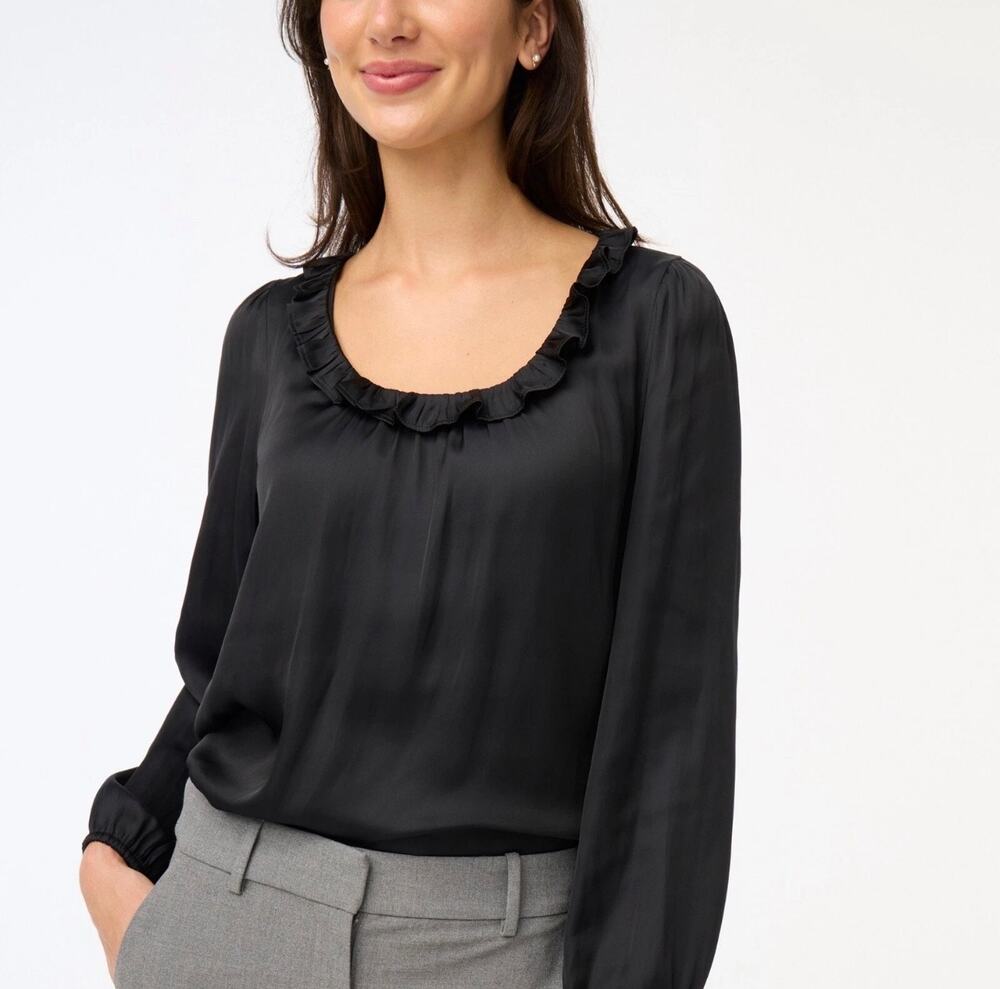 J.Crew Black Ruffle Neck Long Sleeve Blouse XS Petite Minimalist Office